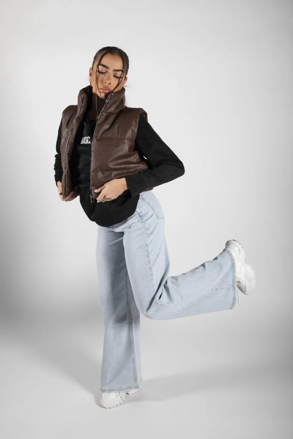 Femme Luxe Brown Padded Faux Leather Zip Up Crop Gilet - Tia