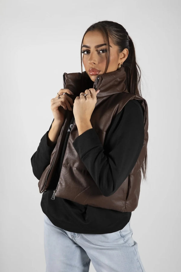 femme luxe Brown Padded Faux Leather Zip Up Crop Gilet - Tia
