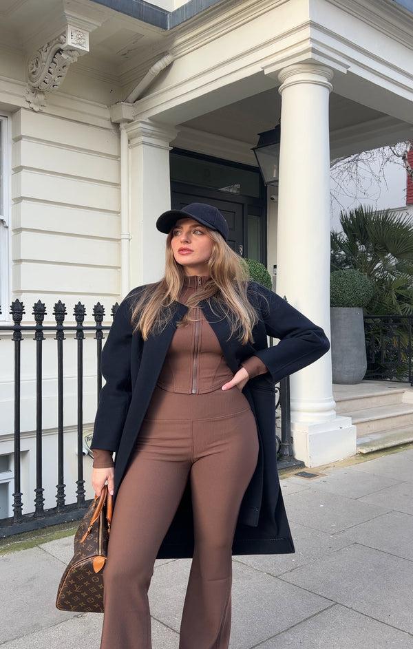 Femme Luxe Brown Premium Ribbed Jersey Co Ord Set - Alessia