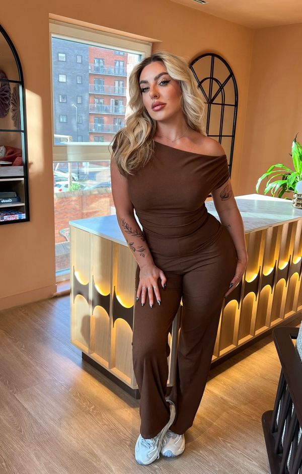 Femme Luxe Brown Ribbed Slash Neck Top With Wide Leg Trouser Loungewear Set - Bellina