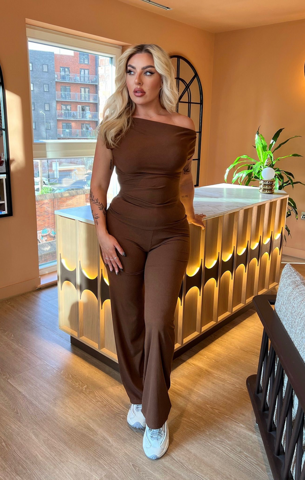femme luxe Brown Ribbed Slash Neck Top with Wide Leg Trouser Loungewear Set - Bellina
