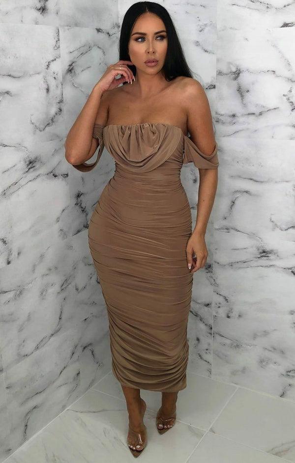 Femme Luxe Camel Bardot Cowl Neck Ruched Midi Dress - Malia