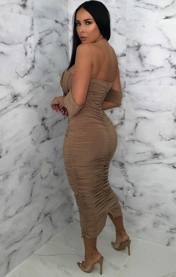 Femme Luxe Camel Bardot Cowl Neck Ruched Midi Dress - Malia
