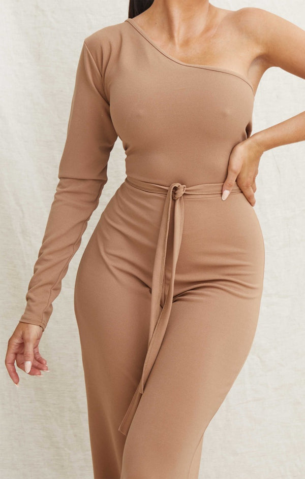 Femme Luxe Camel Belted One Shoulder Jumpsuit - Evelyn