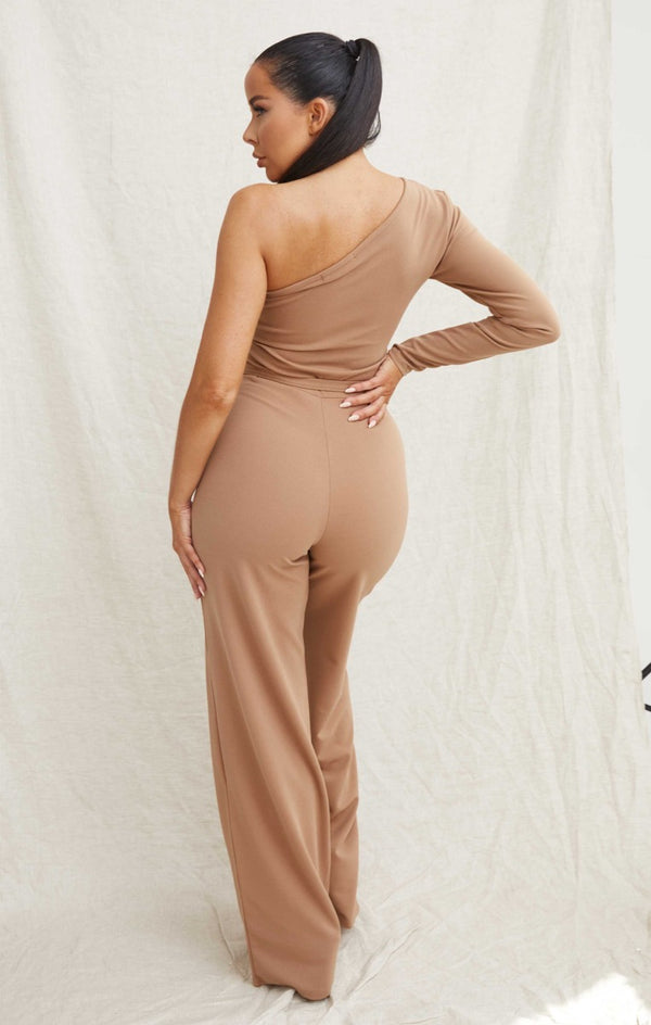 Femme Luxe Camel Belted One Shoulder Jumpsuit - Evelyn