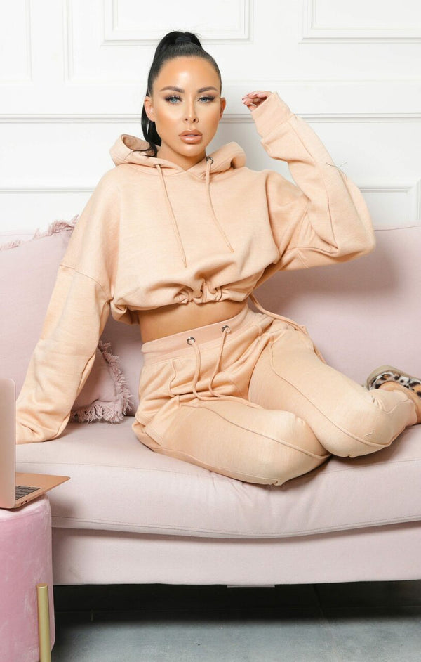 Femme Luxe Camel Boxy Cropped Hoodie Cuffed Joggers Loungewear Set - Cailleigh