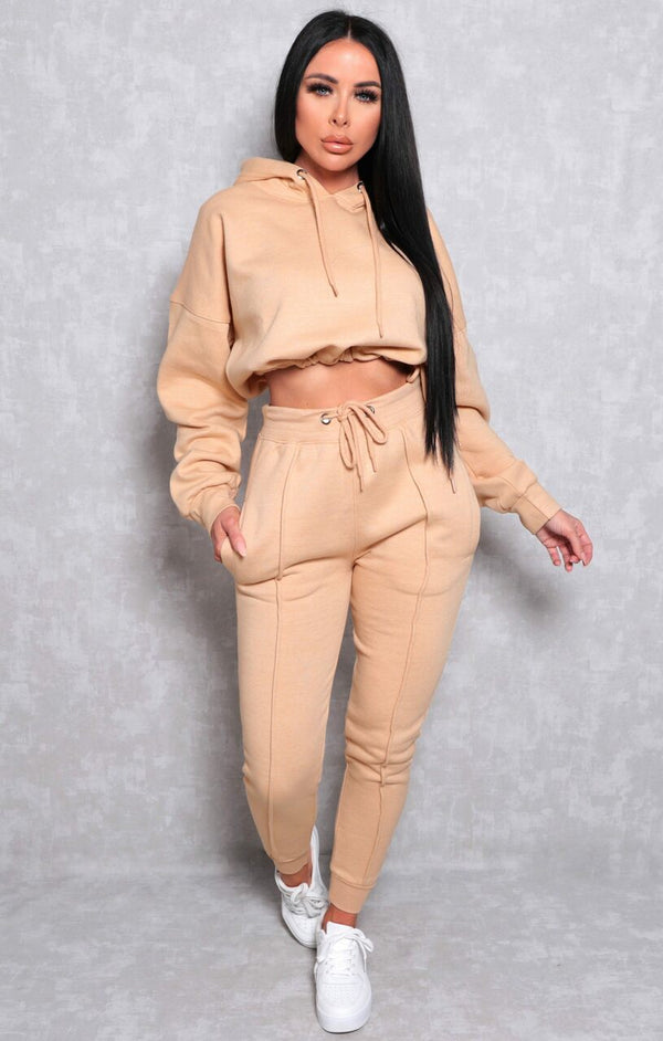 Femme Luxe Camel Boxy Cropped Hoodie Cuffed Joggers Loungewear Set - Cailleigh