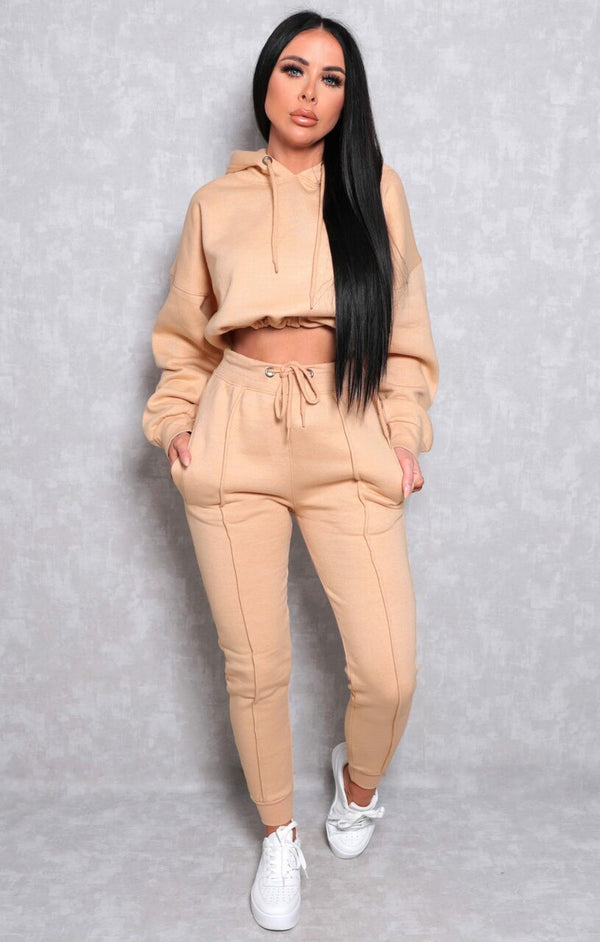femme luxe Camel Boxy Cropped Hoodie Cuffed Joggers Loungewear Set - Cailleigh