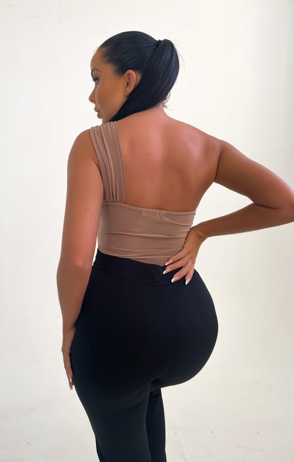 Femme Luxe Camel One Shoulder Cut Out Asymmetric Fitted Bodysuit - Nuria