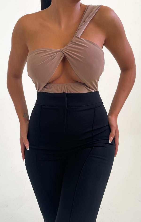 femme luxe Camel One Shoulder Cut Out Asymmetric Fitted Bodysuit - Nuria