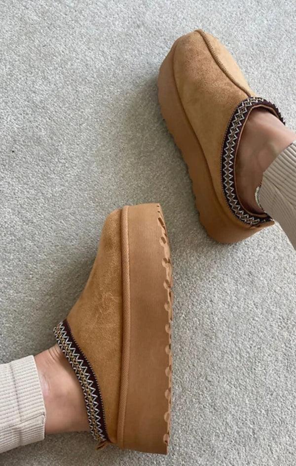 Femme Luxe Camel Platform Slip On With Embroidered Braid Slippers - Salva