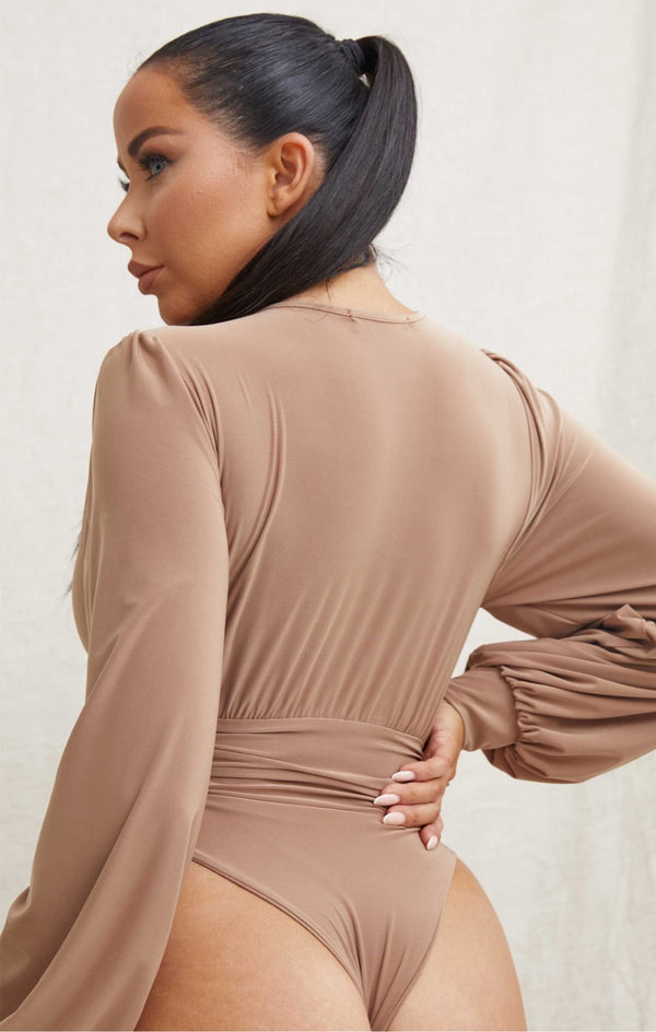 Femme Luxe Camel Puff Sleeve Ruched Bust Plunge V Neck Fitted Bodysuit - Emani