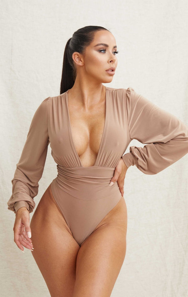 femme luxe Camel Puff Sleeve Ruched Bust Plunge V Neck Fitted Bodysuit - Emani