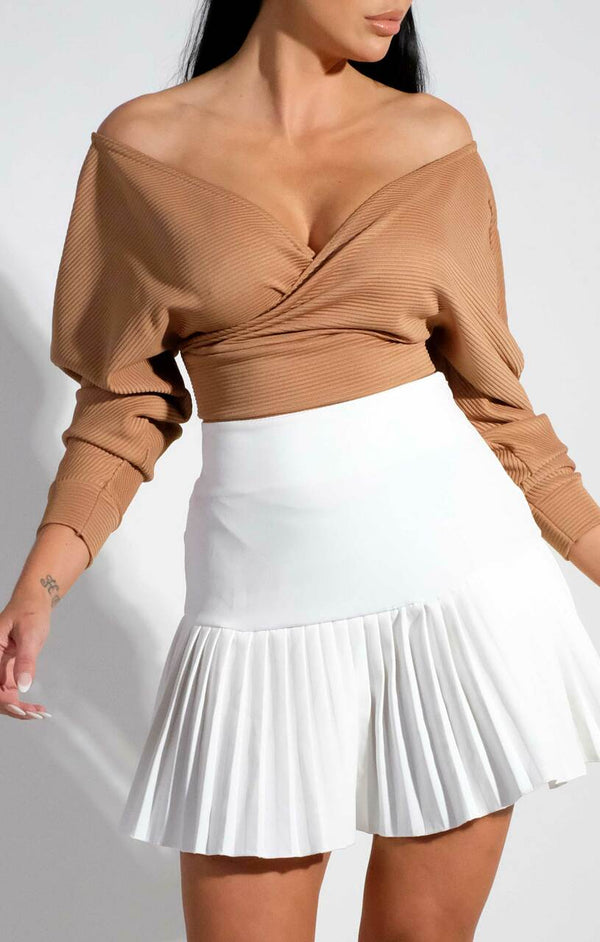 Femme Luxe Camel Ribbed Off The Shoulder Crop Top - Kourt