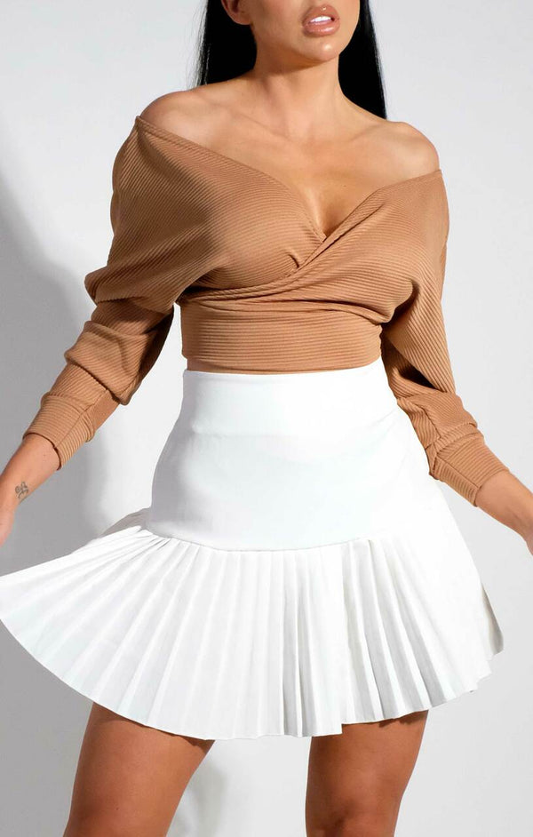 Femme Luxe Camel Ribbed Off The Shoulder Crop Top - Kourt