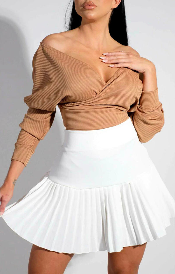 femme luxe Camel Ribbed Off The Shoulder Crop Top - Kourt