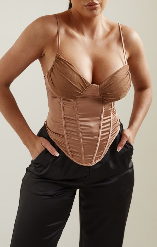 Femme Luxe Camel Satin Cup Detail Boned Corset Top - Yuri