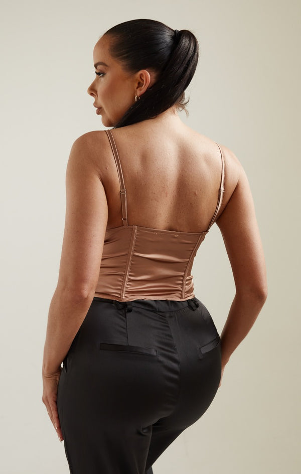 Femme Luxe Camel Satin Cup Detail Boned Corset Top - Yuri