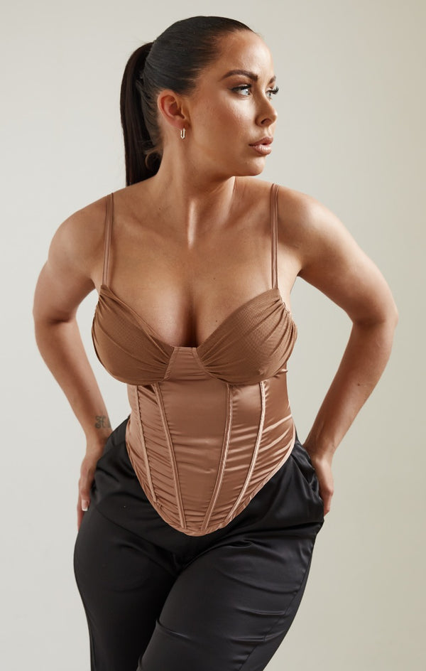 femme luxe Camel Satin Cup Detail Boned Corset Top - Yuri