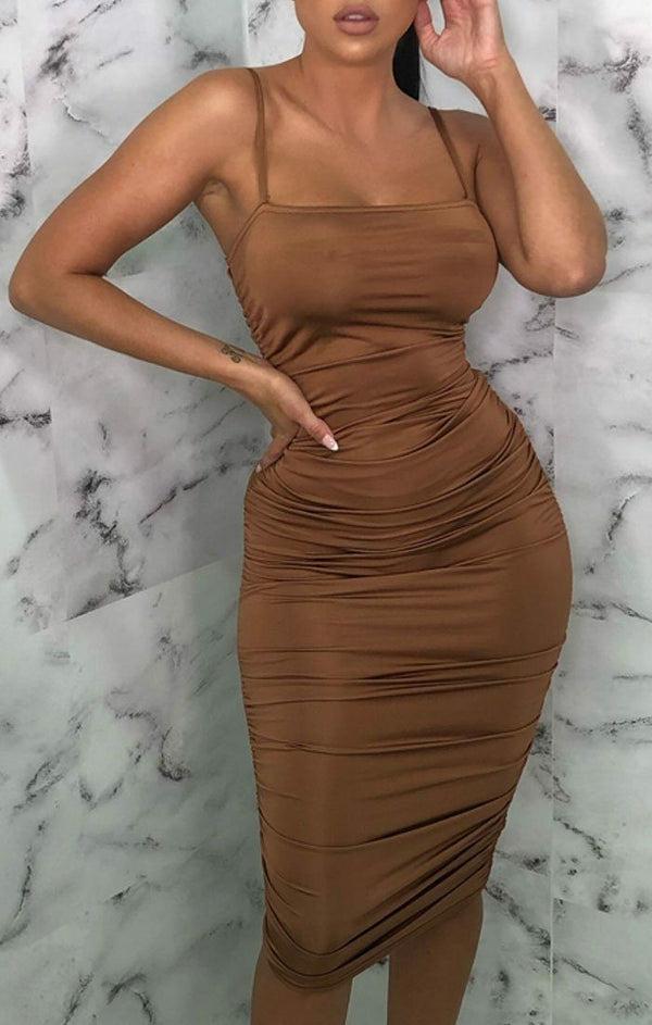 Femme Luxe Camel Slinky Ruched Thin Strap Midi Dress - Vienna