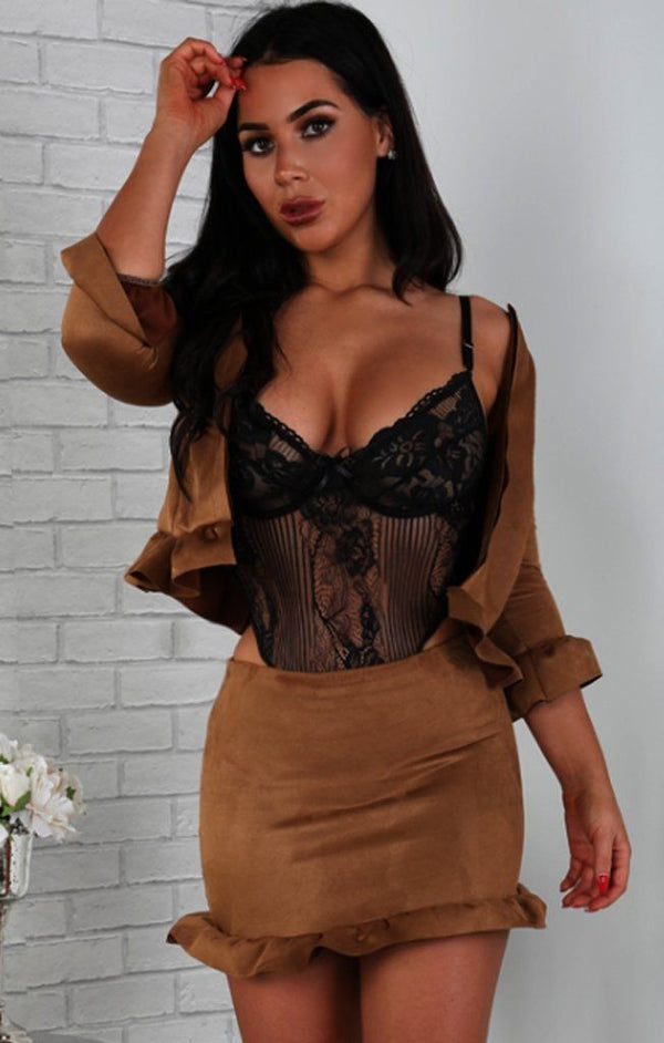 femme luxe Camel Suede Frill Hem Mini High Waist Skirt