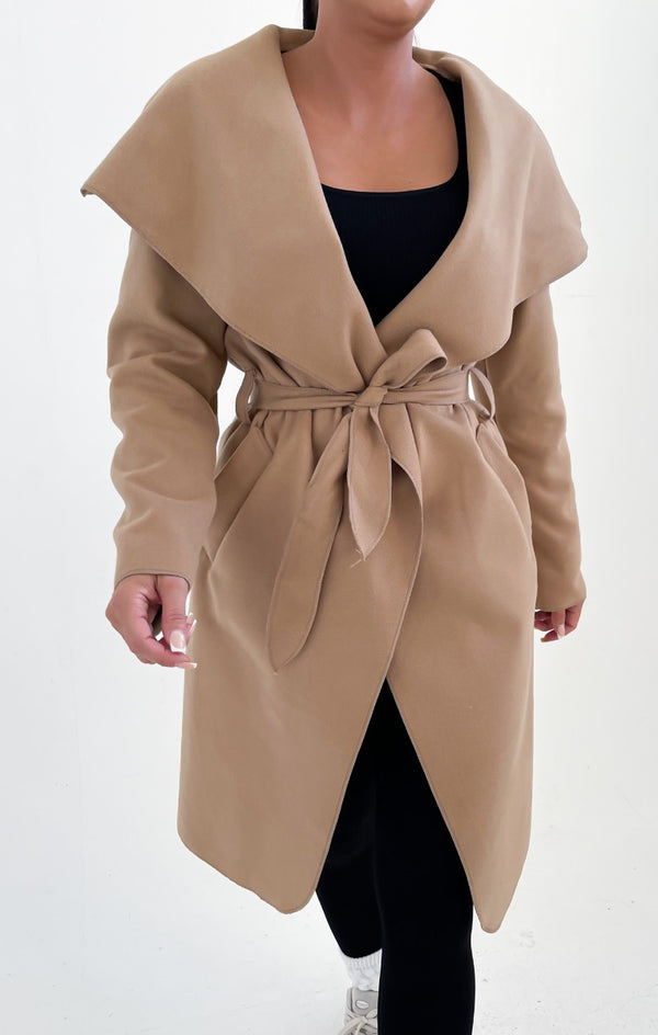 Femme Luxe Camel Waterfall Duster Belted Long Coat - Guinevere