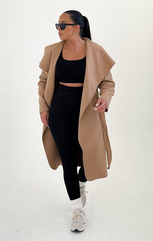 Femme Luxe Camel Waterfall Duster Belted Long Coat - Guinevere