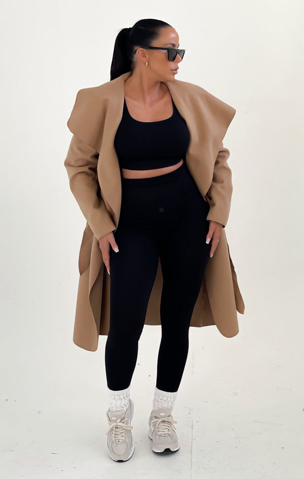 Femme Luxe Camel Waterfall Duster Belted Long Coat - Guinevere