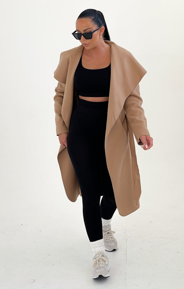 femme luxe Camel Waterfall Duster Belted Long Coat - Guinevere