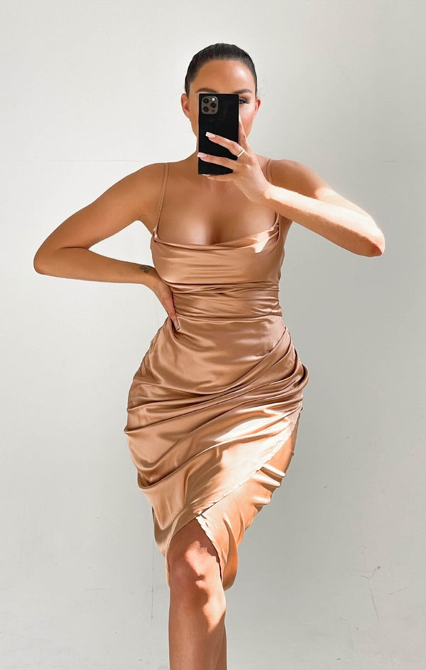 Femme Luxe Champagne Satin Cowl Neck Split Asymmetric Strappy Bodycon Midi Dress - Cailleigh