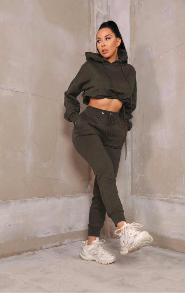 Femme Luxe Charcoal Boxy Cropped Hoodie Cuffed Joggers Loungewear Set - Cailleigh