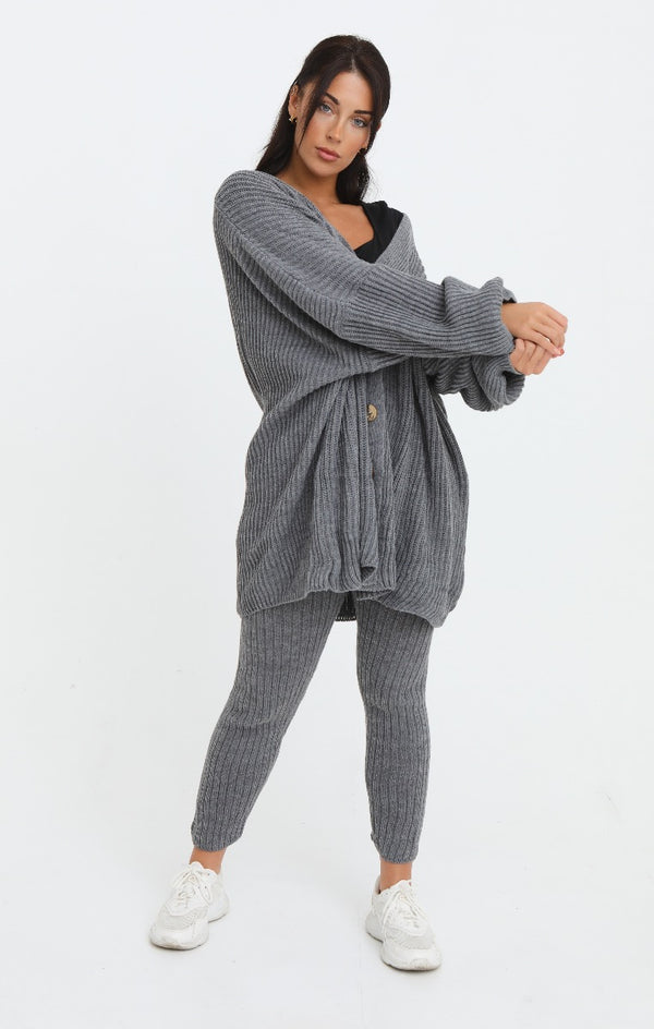Femme Luxe Charcoal Button Through Relaxed Fit Knitted Loungewear Set - Isabella