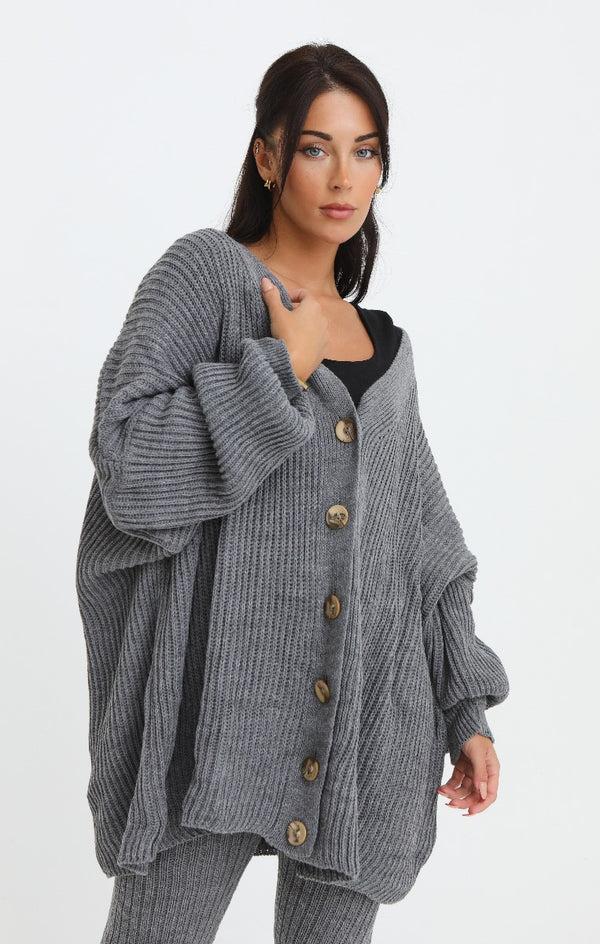 Femme Luxe Charcoal Button Through Relaxed Fit Knitted Loungewear Set - Isabella