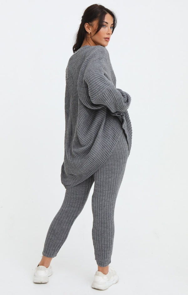 Femme Luxe Charcoal Button Through Relaxed Fit Knitted Loungewear Set - Isabella