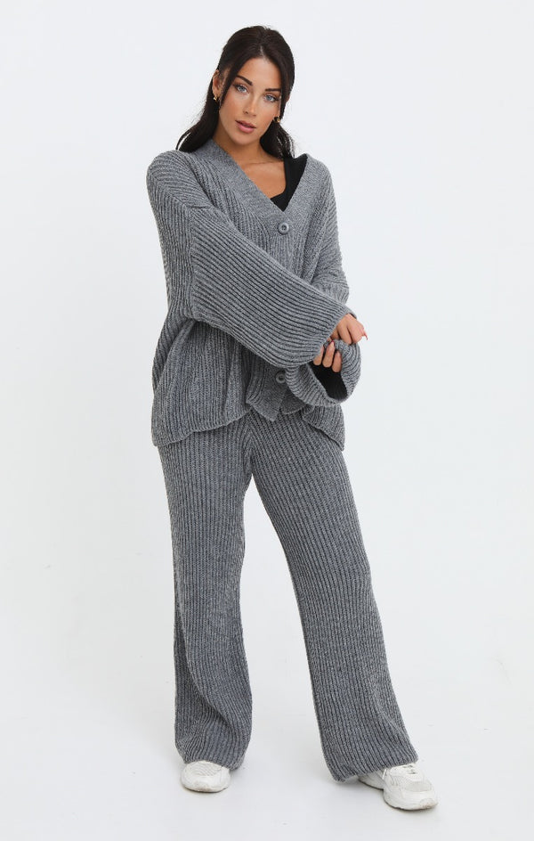 Femme Luxe Charcoal Button Through Relaxed Fit Knitted Loungewear Set - Olivia