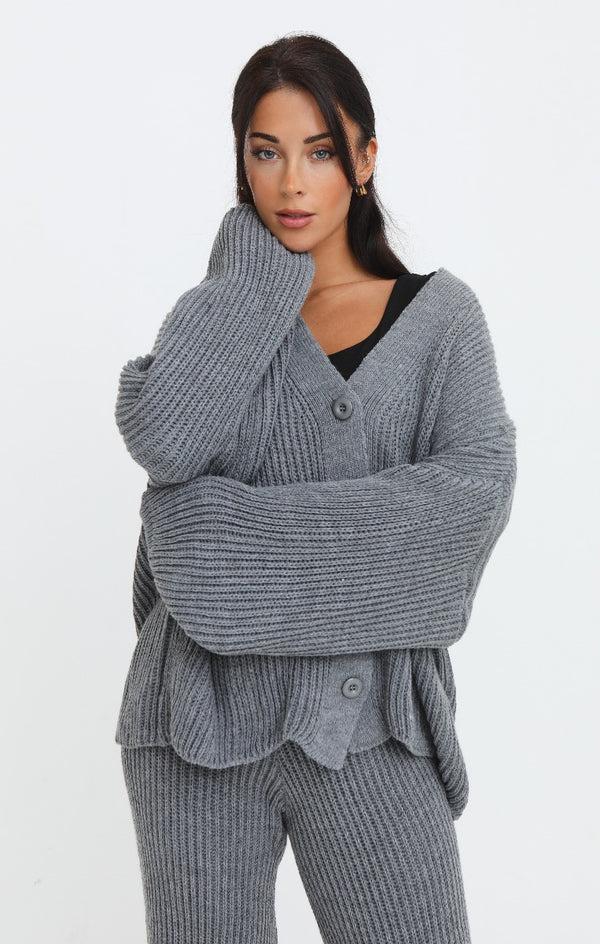 Femme Luxe Charcoal Button Through Relaxed Fit Knitted Loungewear Set - Olivia