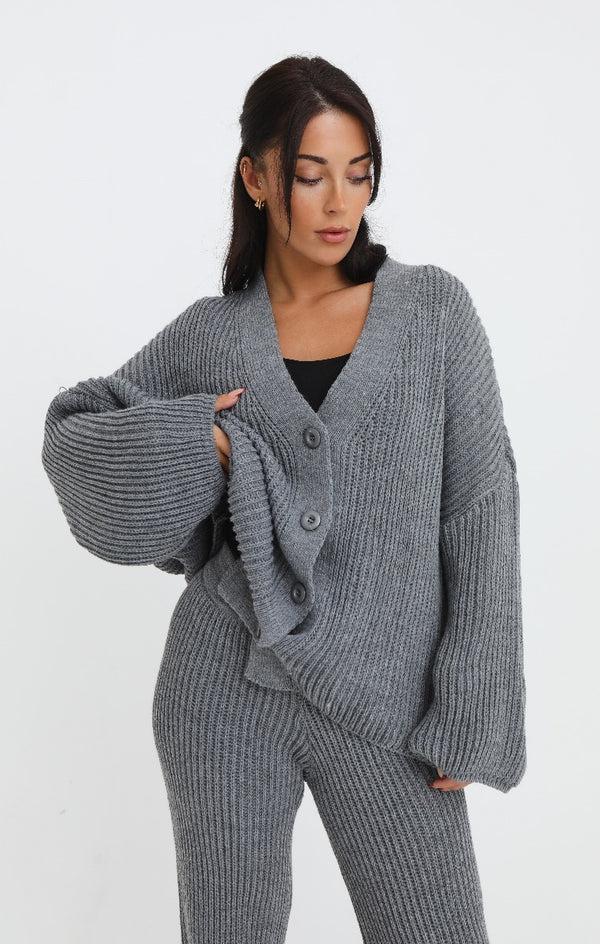 Femme Luxe Charcoal Button Through Relaxed Fit Knitted Loungewear Set - Olivia