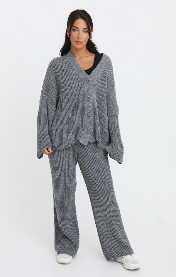 femme luxe Charcoal Button Through Relaxed Fit Knitted Loungewear Set - Olivia