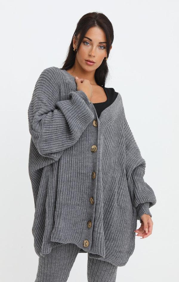 femme luxe Charcoal Button Through Relaxed Fit Knitted Loungewear Set - Isabella