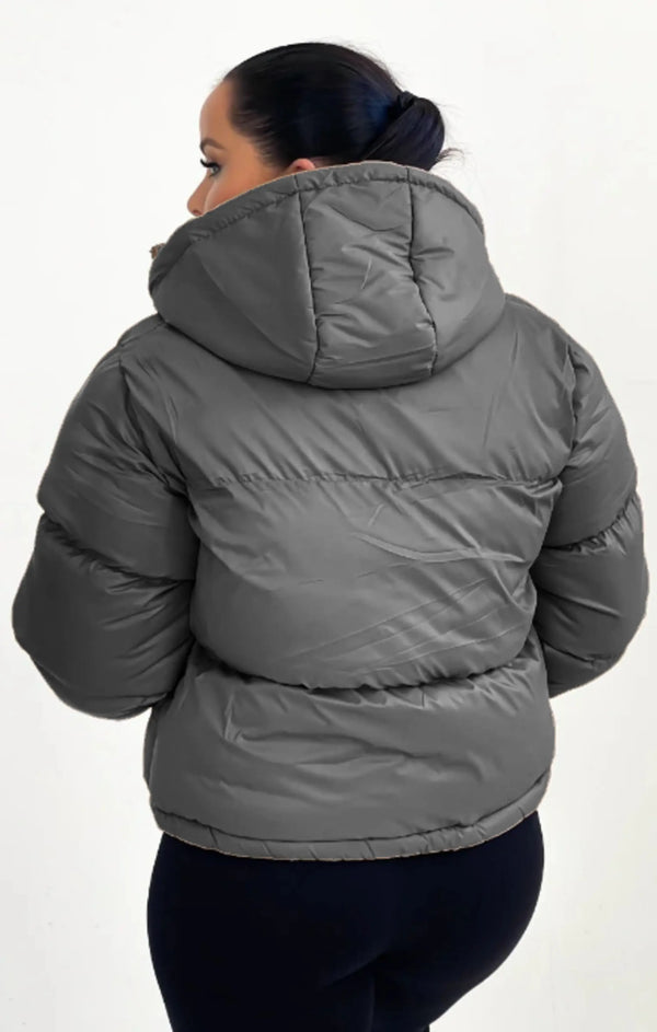 Femme Luxe Charcoal Hooded Drawstring Cropped Puffer Jacket - Stacey