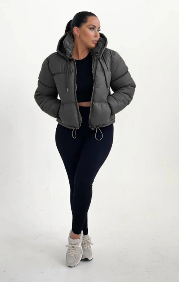 femme luxe Charcoal Hooded Drawstring Cropped Puffer Jacket - Stacey