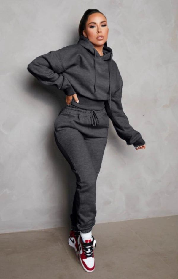 femme luxe Charcoal Long Sleeve Cropped Fleece Hoodie & Cuffed Joggers Loungewear Set - Layla