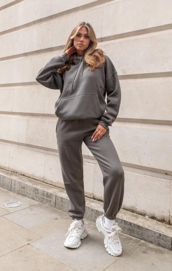 Femme Luxe Charcoal Oversized Front Pocket Pullover Hoodie Cuffed Joggers Loungewear Set - Alexia