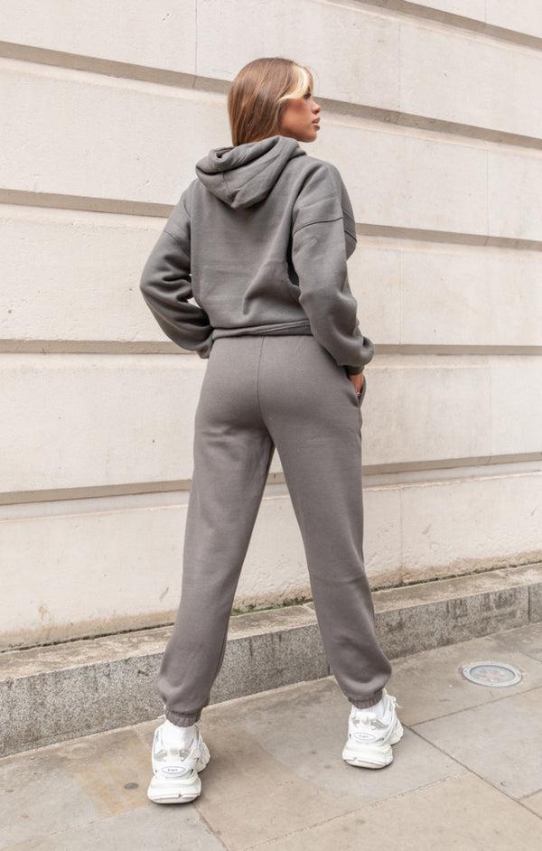 Femme Luxe Charcoal Oversized Front Pocket Pullover Hoodie Cuffed Joggers Loungewear Set - Alexia