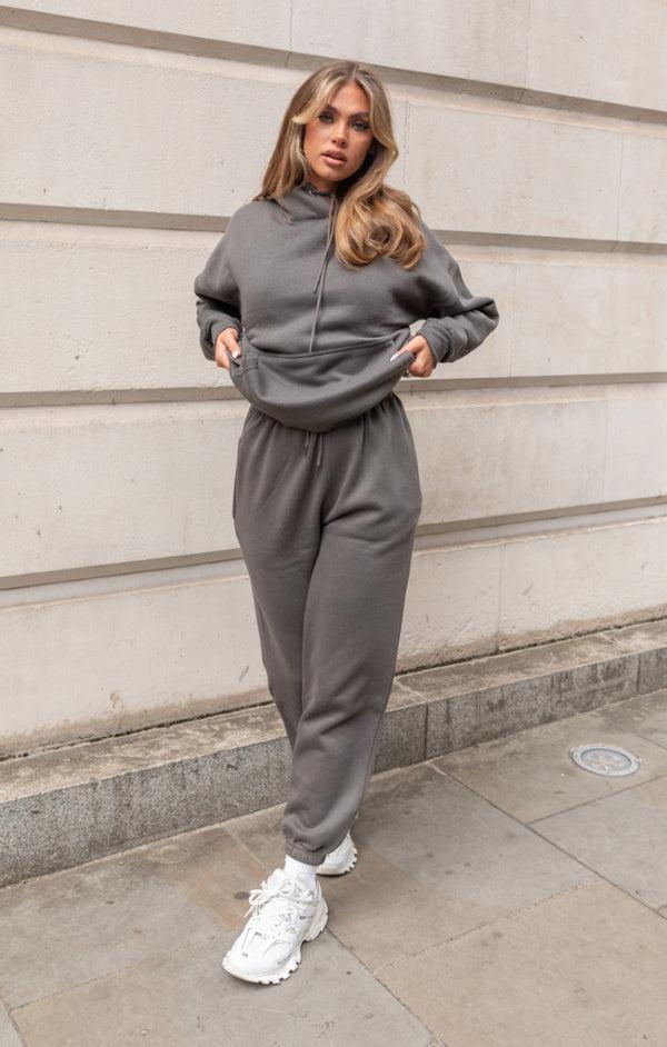 femme luxe Charcoal Oversized Front Pocket Pullover Hoodie Cuffed Joggers Loungewear Set - Alexia