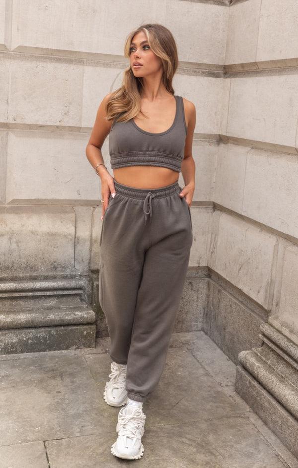 Femme Luxe Charcoal Oversized High Waisted Shirred Drawstring Pocket Detail Cuffed Joggers - Samira