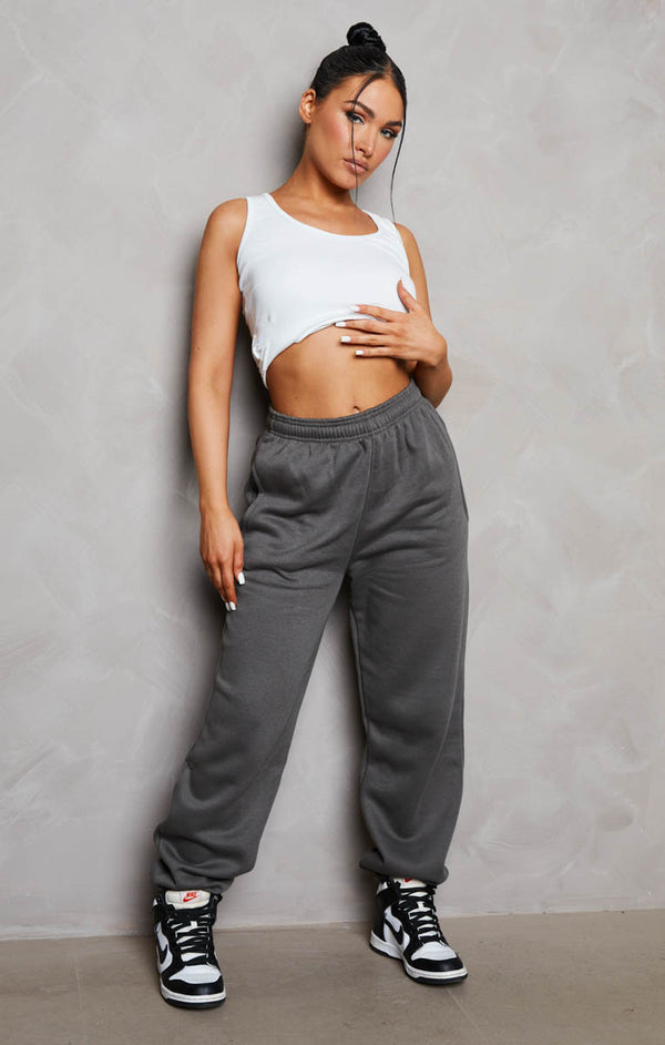 femme luxe Charcoal Oversized High Waisted Shirred Drawstring Pocket Detail Cuffed Joggers - Samira