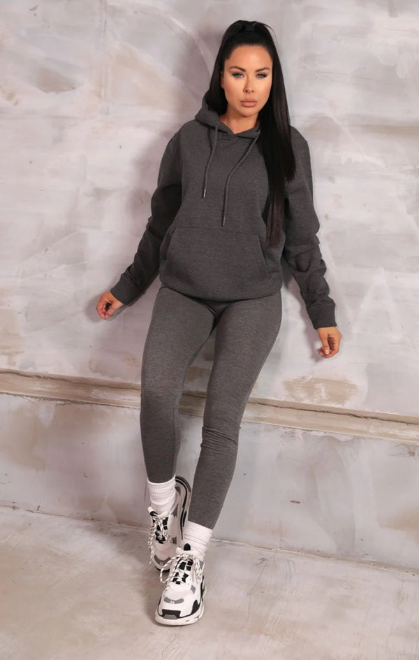 Femme Luxe Charcoal Oversized Long Sleeve Front Pocket Drawstring Fleece Hoodie - Stella