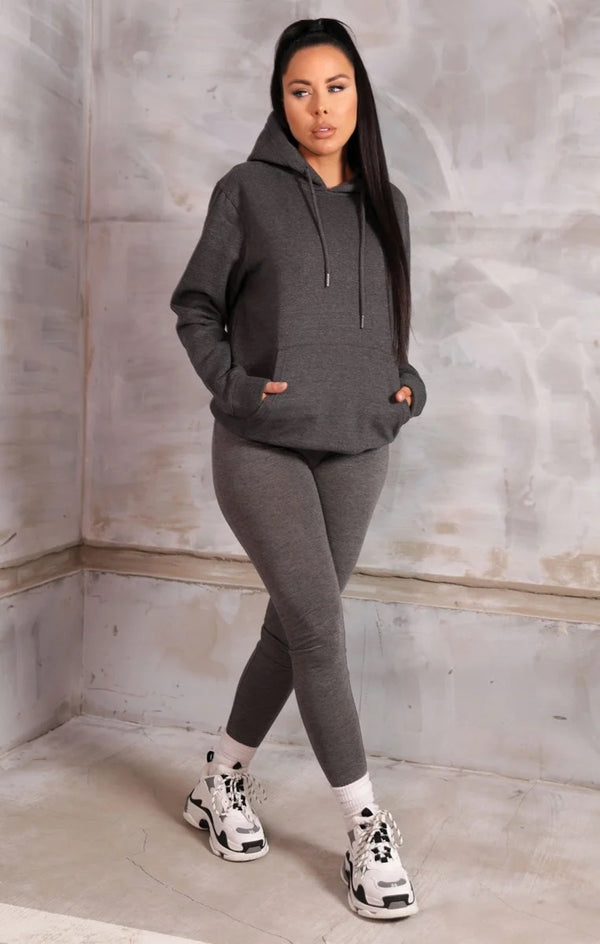 femme luxe Charcoal Oversized Long Sleeve Front Pocket Drawstring Fleece Hoodie - Stella