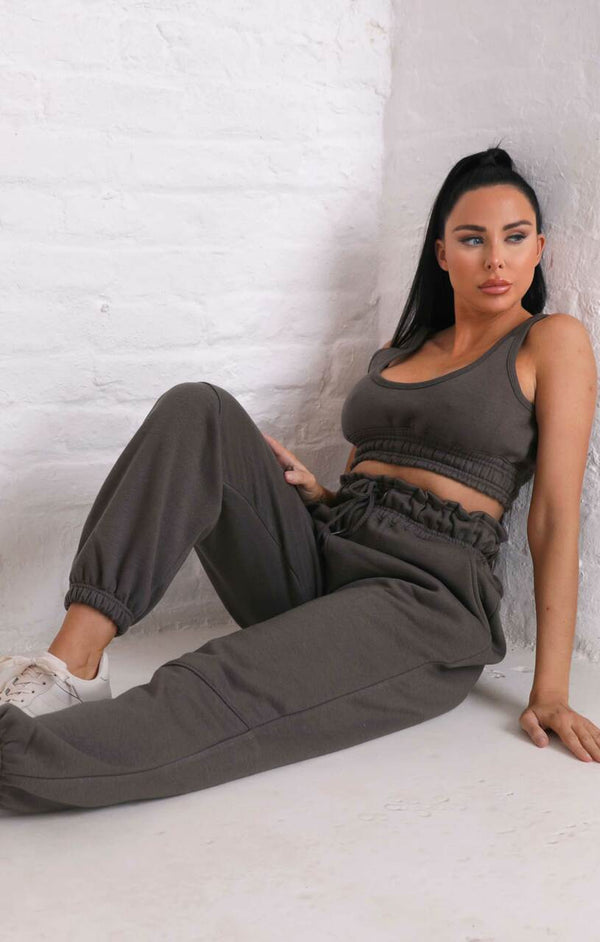 Femme Luxe Charcoal Oversized Sleeveless Crop Top & Drawstring Waist Joggers Co-ord - Alisha